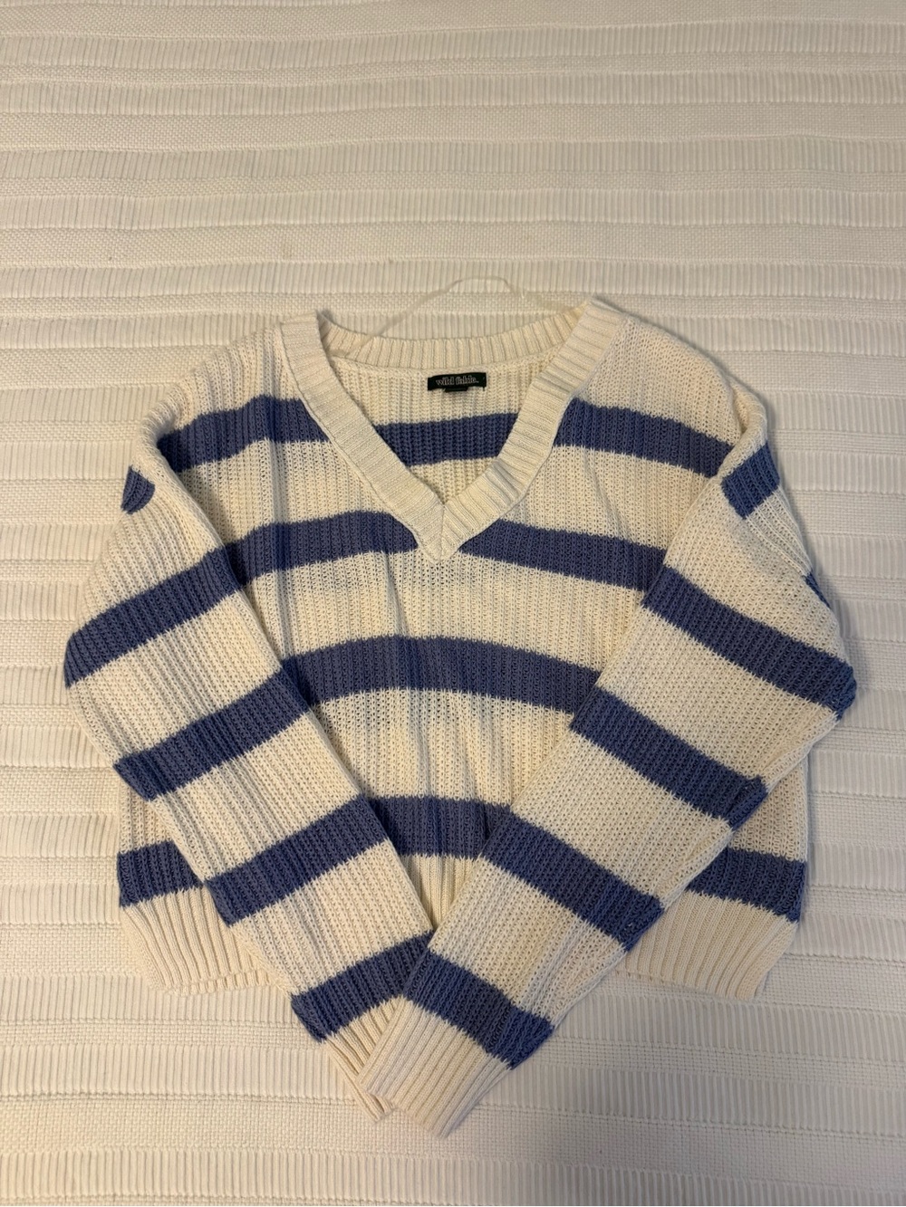 Striped V-Neck Knit Sweater in Cream and Blue